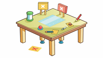 Poster - A set of instructions for assembling a basic table written in a confusing jumble of words and pictures. Following these instructions would result in a. Cartoon Vector.