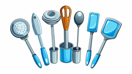 Sticker - A set of sleek stainless steel kitchen utensils with a bright polished finish. They are strong and sy able to withstand high temperatures and repeated. Cartoon Vector.