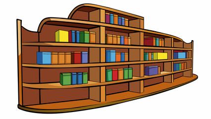 Poster - A set of wooden bookshelves with multiple levels and sy edges to retain books and prevent them from falling or sliding off.. Cartoon Vector.