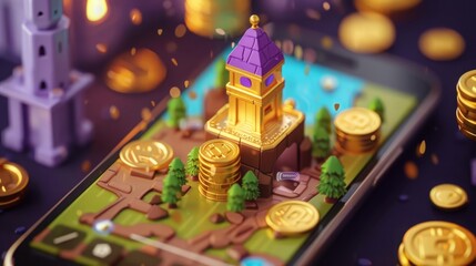 Poster - A phone with a tower balanced on top, surrounded by a circle of shiny gold coins.