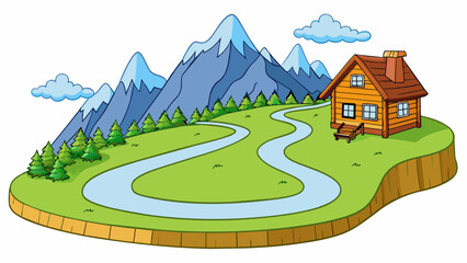 Poster - A short winding road that leads to a wooden cabin nestled a the mountains.. Cartoon Vector.