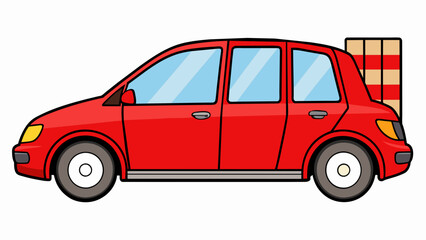 Poster - A shiny new car with four doors all painted a vibrant red. The fourth door revealed a spacious trunk perfectly suited for storing groceries or luggage. Cartoon Vector.