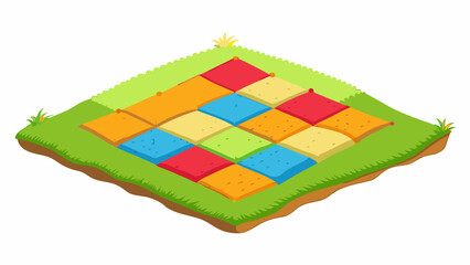 Canvas Print - A simple handmade quilt spread out over a grassy field. The quilt is made up of different colored patches each one carefully stitched together. It is. Cartoon Vector.