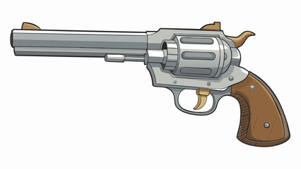 Poster - A sixshooter revolver This gun features a long silver barrel with a wooden handle. The cylinder can hold six bullets and is adorned with engraved. Cartoon Vector.