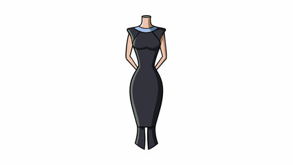 Poster - A sleek and elegant little black dress made of formfitting material that hugs the silhouette. The dress features a high neckline and a subtle slit at. Cartoon Vector.