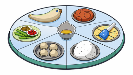 Aufkleber - A simple seder plate a round dish divided into six sections holding different symbolic foods such as bitter herbs salt water and a roasted egg. In the. Cartoon Vector.