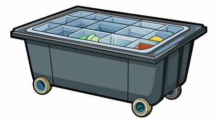 Poster - A sleek black plastic storage bin with a transparent lid and wheels at the bottom for easy mobility. Inside there are various compartments and. Cartoon Vector.