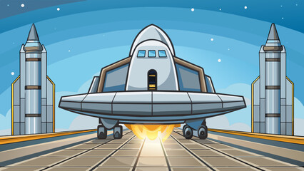 Poster - A sleek silver spaceship rests on the launchpad its polished exterior gleaming in the sunlight. The powerful engines hum with anticipation as the. Cartoon Vector.