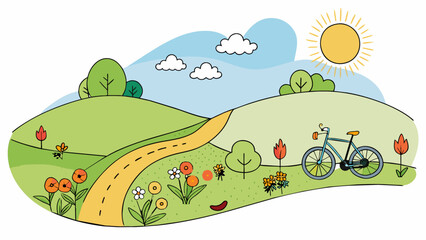 Poster - A slowpaced bike tour through a peaceful countryside surrounded by rolling hills and fields of wildflowers. The sun is shining and the birds are. Cartoon Vector.