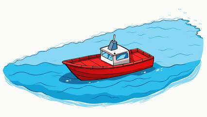 Canvas Print - A small boat bobs in the middle of a vast ocean with no land in sight. Its bright red paint is chipped and faded evidence of its long and solitary. Cartoon Vector.