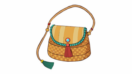 Fototapete - A small crossbody bag made from woven straw material. It has a flap closure with a wooden button giving it a bohemian feel. The bag is adorned with. Cartoon Vector.