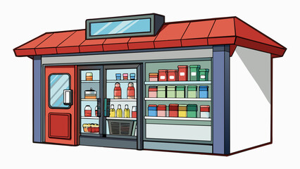 Aufkleber - A small convenience store with a glass door refrigerator filled with cold drinks and shelves lined with snacks and essentials like toothpaste and. Cartoon Vector.
