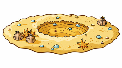 Sticker - A small deep hole in the sand on the beach filled with tiny seashells and surrounded by a series of intricate footprints.. Cartoon Vector.