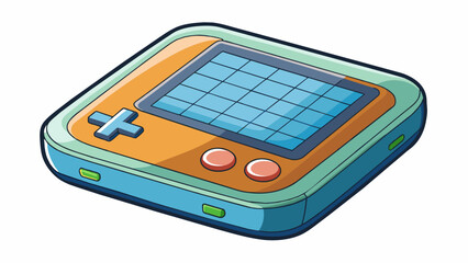 Poster - A small handheld device with a screen divided into a grid of squares and a set of buttons below. It has a sleek plastic casing and emits a soft light. Cartoon Vector.
