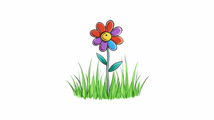 Poster - A small delicate flower with bright colorful petals and thin delicate leaves. It stands alone in a field of grass swaying gently in the breeze. The. Cartoon Vector.