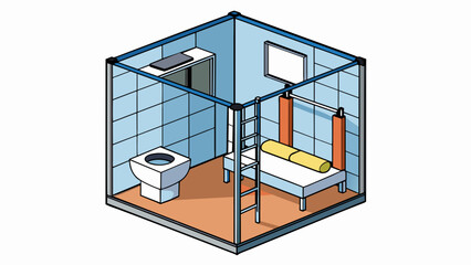 Aufkleber - A small dimly lit cell with a in one corner and a sink in the other. The only furniture is a metal frame bunk bed ly enough space for two people to. Cartoon Vector.