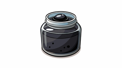 Poster - A small glass jar filled with a thick black liquid that becomes sticky and solid when exposed to air.. Cartoon Vector.