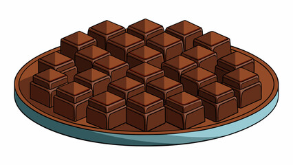 Fototapete - A small round tray holds multiple cubes of dark brown chocolate. Each cube is compact and dense with intricate designs imprinted on the surface. Made. Cartoon Vector.