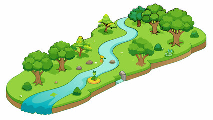 Sticker - A small river winding through a lush green forest providing a home and source of hydration for various plants and animals.. Cartoon Vector.