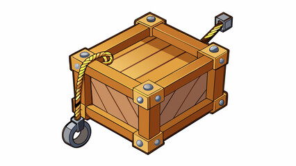 Fototapete - A small rectangular wooden box attached to a rope and pulley system used to lift and lower heavy objects from a mine shaft.. Cartoon Vector.