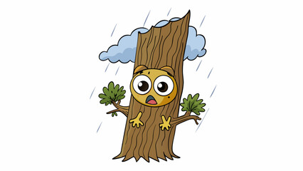 Aufkleber - A small trembling creature with wide scared eyes hiding behind a tall tree afraid of the loud thunder and lightning in the stormy night sky.. Cartoon Vector.