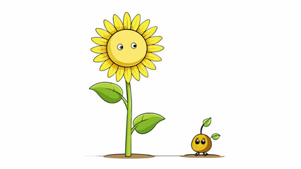 Poster - A small seed growing into a tall sunflower showing the proportional growth of the plant.. Cartoon Vector.