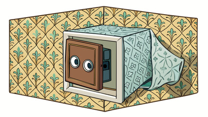 Poster - A small safe hidden in the wall with a discreet cover camouflaged with the surrounding wallpaper.. Cartoon Vector.