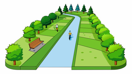 Poster - A smooth paved path stretching through a lush green park bordered by neatly trimmed hedges and benches. Bicycles and joggers can be seen using the. Cartoon Vector.