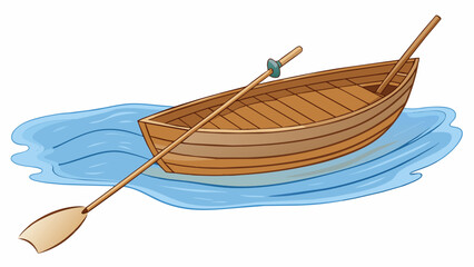Poster - A small wooden boat being launched into a tranquil lake. The oars gently breaking the surface of the water creating ripples as it glides towards the. Cartoon Vector.
