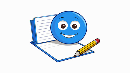 Aufkleber - A smiley face drawn with a blue pen next to a students written homework assignment indicating that it has met the teachers expectations and is deemed. Cartoon Vector.