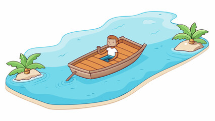 Poster - A small wooden boat bobs gently on the crystalclear waters of a tropical lagoon. The sound of the waves hitting the shore can be heard in the distance. Cartoon Vector.
