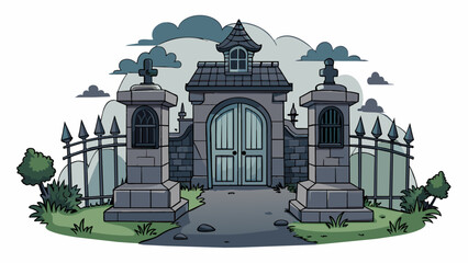 Poster - A spooky atmosphere with dark heavy fog enveloping an old abandoned mansion. The moon hangs low in the sky casting eerie shadows on the overgrown. Cartoon Vector.