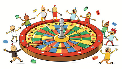 Wall Mural - A spinning roulette wheel surrounded by eager players placing their bets on different numbers and colors. The metallic wheel is adorned with numbered. Cartoon Vector.