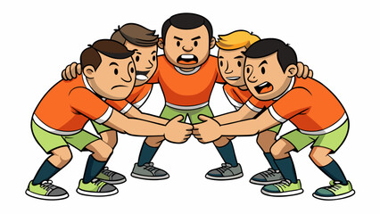 Poster - A sports team huddle with hands intertwined and focused facial expressions demonstrating teamwork and dedication to a shared goal.. Cartoon Vector.