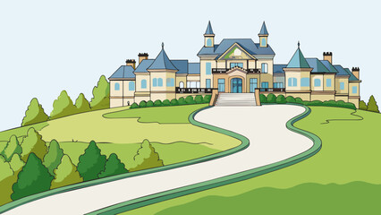 Poster - A sprawling mansion situated on top of a hill with a long winding driveway and a large gated entrance exudes an upper status and exclusivity. Its. Cartoon Vector.