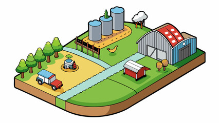 Poster - A sprawling agricultural farm with fields of crops and livestock. The manufacturer produces organic and sustainable products using environmentally. Cartoon Vector.