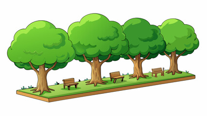 Aufkleber - A sprawling lush garden with four tall sy oak trees standing in a row. The fourth tree had the largest trunk its gnarled bark creating a cozy nook for. Cartoon Vector.