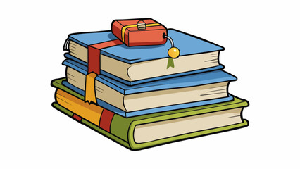 Wall Mural - A stack of books neatly organized on a shelf at a local library. Some are old and worn while others are shiny and new. A small note is pinned to one. Cartoon Vector.