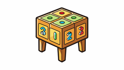 Poster - A square wooden block with four short legs and colorful pictures and numbers on each side. Its lightweight and easy to stack and manipulate.. Cartoon Vector.