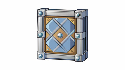 Poster - A square panel made of metal with a shiny silver finish and intricate geometric patterns etched all over it. It has a small door with a latch on one. Cartoon Vector.