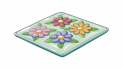 Poster - A square plate made of clear glass featuring a delicate pattern of colorful flowers all over its surface. It has a delicate and feminine appearance. Cartoon Vector.