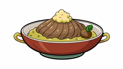 Poster - A steaming bowl of haggis a popular Scottish dish made of minced sheeps heart liver and lungs mixed with es and oatmeal and cooked inside the sheeps. Cartoon Vector.