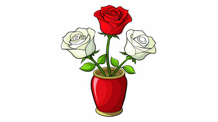 Aufkleber - A still life painting of a vase filled with vibrant red roses and a lone white rose. The white rose stands out ast the colorful bunch suggesting that. Cartoon Vector.