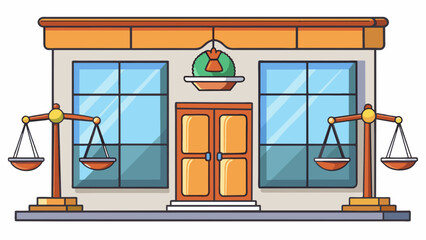 Aufkleber - A storefront adorned with a plaque of a balance scale and legal symbols indicating it is a solicitors office. The windows are large showcasing a warm. Cartoon Vector.