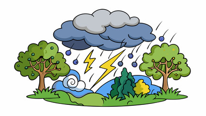 Fototapete - A stormy afternoon with thick dark clouds covering the sky. The wind is howling and rain is pouring down heavily. The trees are swaying and their. Cartoon Vector.