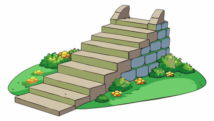 Aufkleber - A stone staircase with rough uneven steps that wind through a lush garden. Vines and flowers grow along the sides giving off a whimsical and natural. Cartoon Vector.