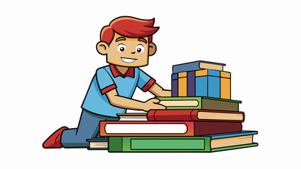 Fototapete - A student moving books from one shelf to another sorting and organizing them by subject or author.. Cartoon Vector.