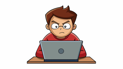 Fototapete - A student intently focused on their laptop screen with furrowed brows and a concentrated expression.. Cartoon Vector.