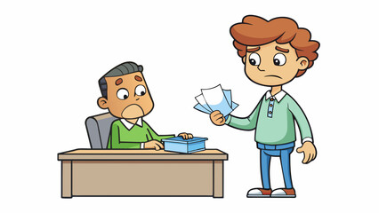 Poster - A student is seen approaching the teachers desk with a cled and torn test paper complaining about the difficult and confusing questions asked in the. Cartoon Vector.