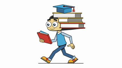 Wall Mural - A student carefully stacks books on their head trying to walk in a straight line without letting them fall showcasing balance and coordination.. Cartoon Vector.